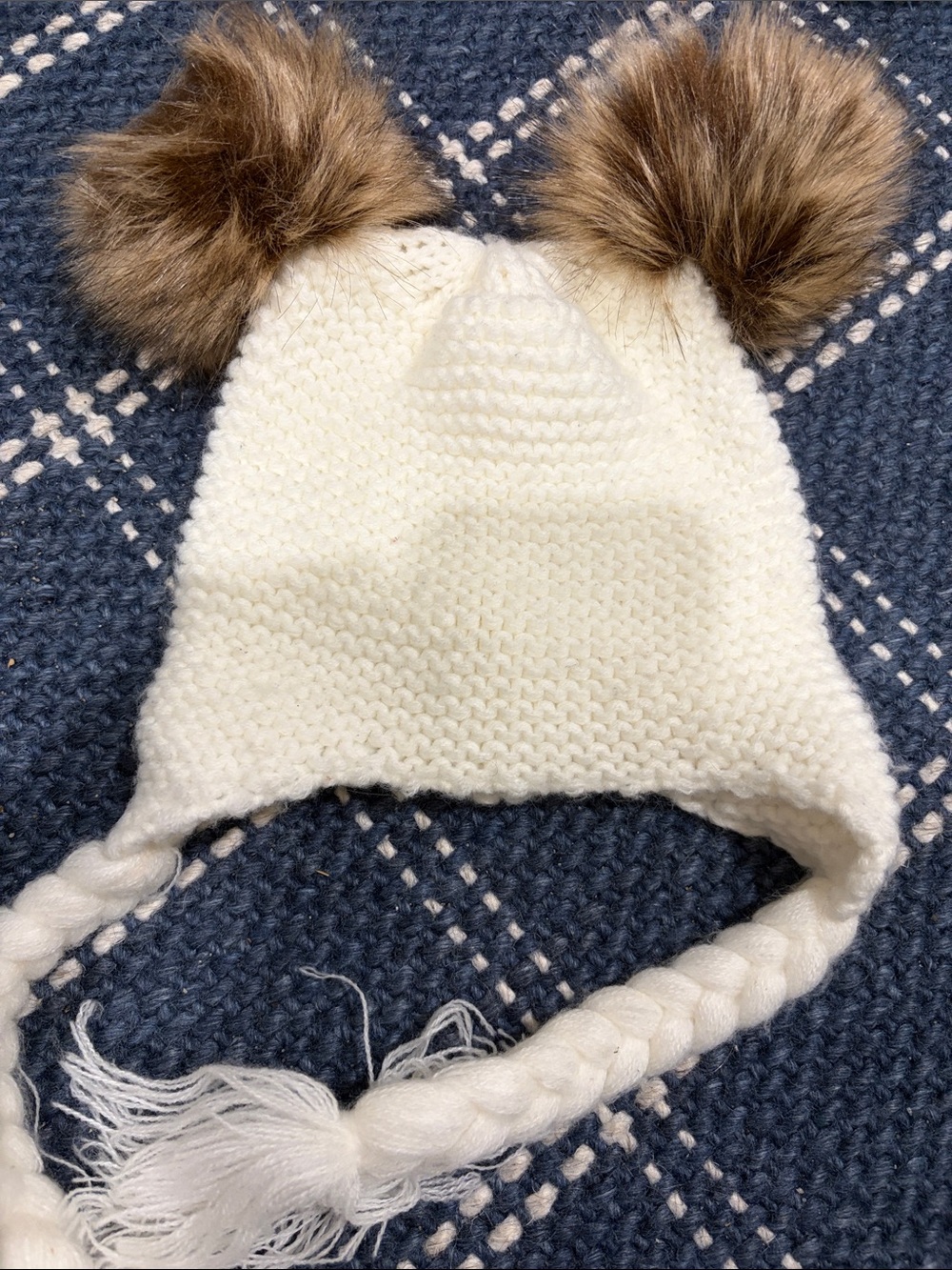 Kids Cream Knit Pom-Pom Earflap Hat
